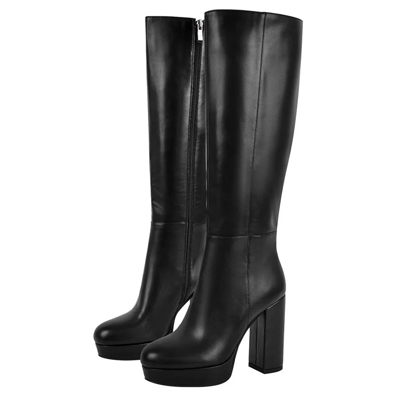 Onlymaker Women Round Toe Platform Knee High Boots Chunky Heel Boots With Side Zipper Concise Tall Modern Boots