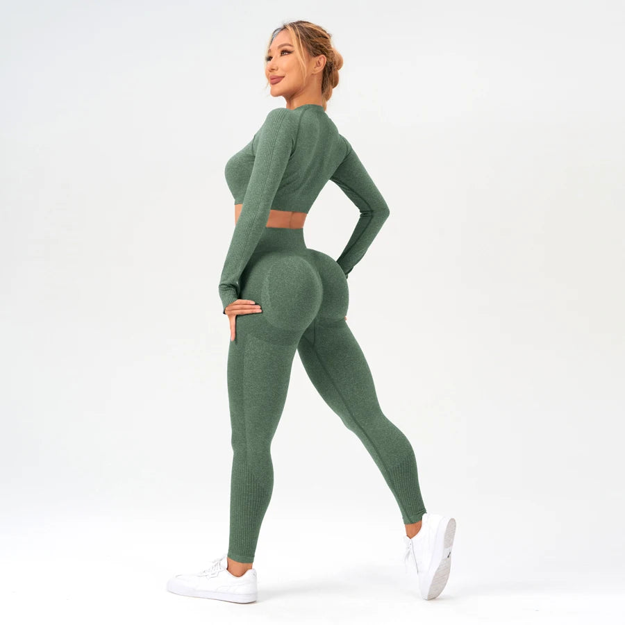 2 pcs/set Long Sleeve Yoga Leggings Set Sportswear Woman Gym Seamless Workout Outfit Yoga Clothes Womens Tracksuit Activewear