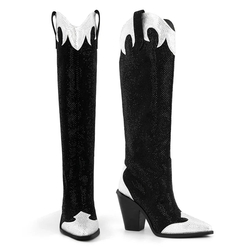 Onlymaker Women Black Pointed Toe Knee High Rhinestone Boots Cowboy Boots Fashion ull-On Western Boots