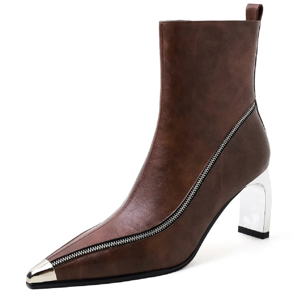 New Brand Handmade Sexy Genuine Leather Female Pointed Toe Zipper Boots Mid Heels Ankle Boots 33-40