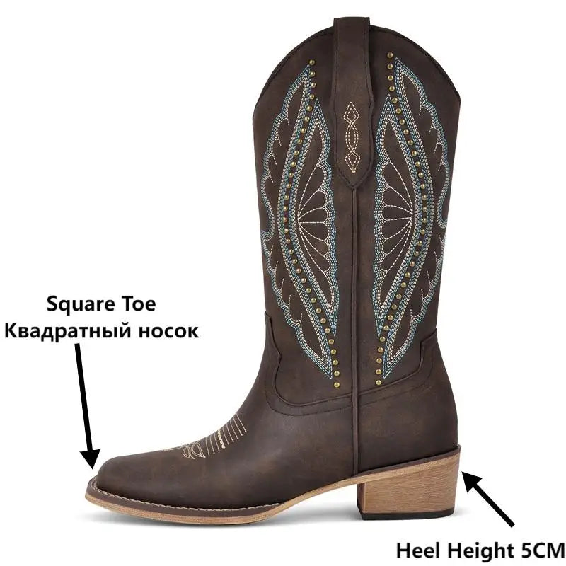Onlymaker Women Square Toe Cowboy Boots  Wide Calf Cowgirl Boots Embroidered Western Work Boots
