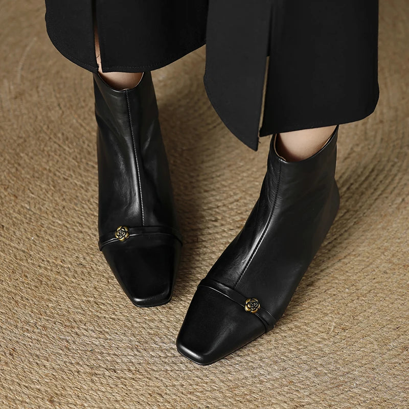 Handmade Genuine Leather Elegant Square Toe Women's Boots Autumn Winter Wide Calf Mid Heel Style Boots 33-42