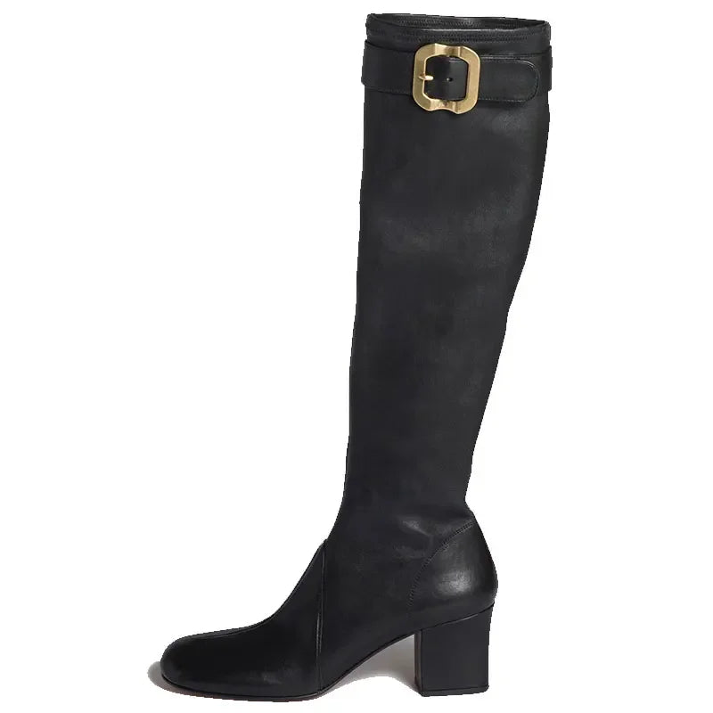 Women's New Thick High Heels Knee High Boots Autumn and Winter Round Toe Buckle Fashionable Mid Heel Boots Women's Short Boots