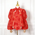 Elegant Floral Printing Chiffon Shirt for Women Scarf Collar Hollow Out Design Puff Sleeve Sheer Mesh Sexy Blouse Female New