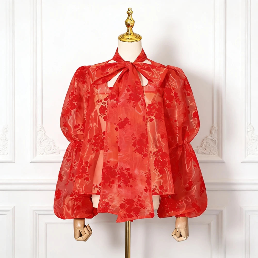 Elegant Floral Printing Chiffon Shirt for Women Scarf Collar Hollow Out Design Puff Sleeve Sheer Mesh Sexy Blouse Female New