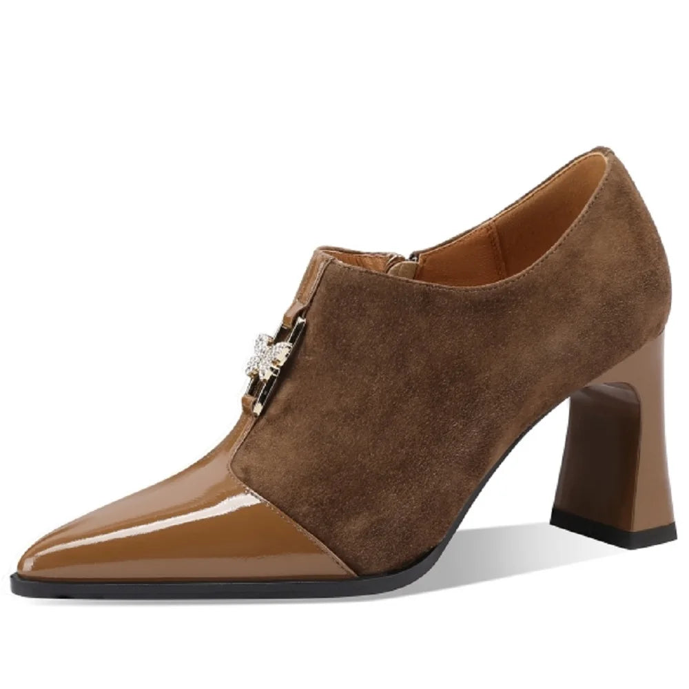 Women's New Handmade Brand Genuine Leather Retro Simple Pointed Side Zipper High Heel Large Top Work Shoes 33-43