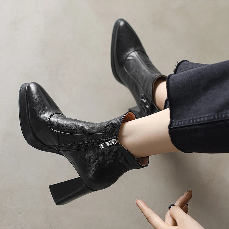 Women Handmade Brand Genuine Leather Ankle Boots Chunky Block High Heels Buckle Pointed Toe Shoes
