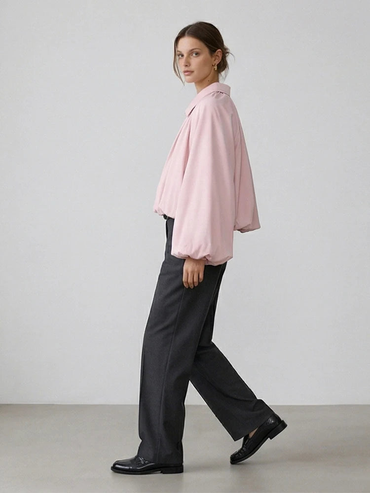 Women Fashion Pink Front Zipper Pleated Loose Bomber Jackets Vintage Lapel Neck Long Sleeves Female Chic Lady Outfits