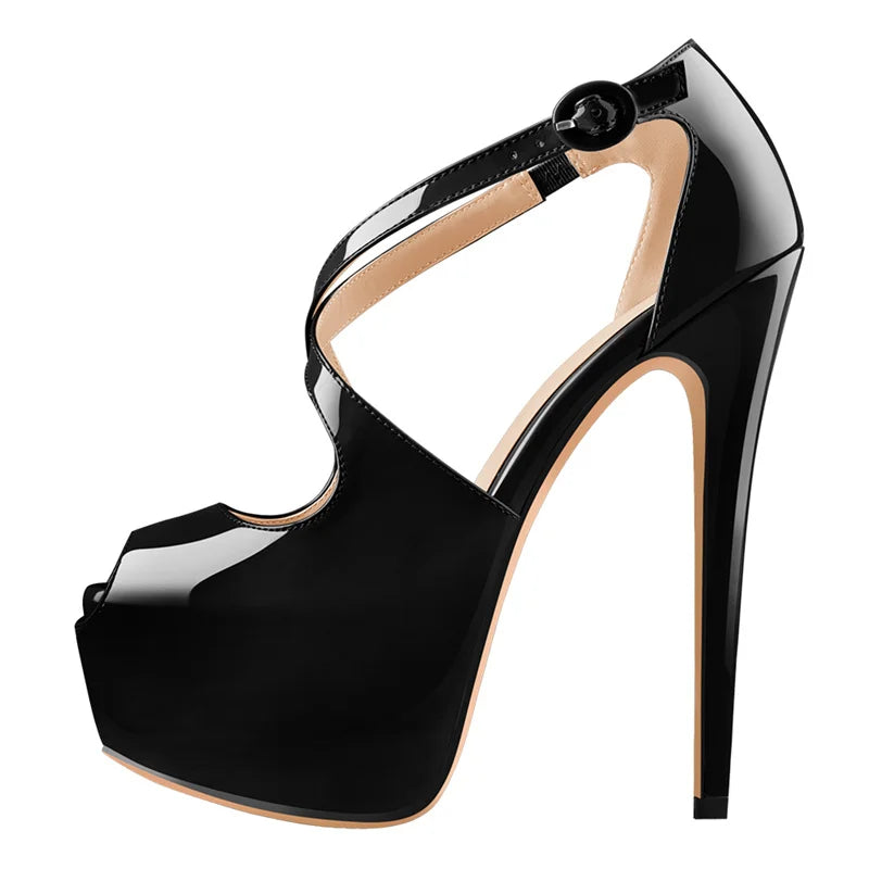 Women Peep Toe Platform Cross Strap Heels 16cm Thin High Heel Sexy Wedding Party Dress Stilettos Big Size Pumps