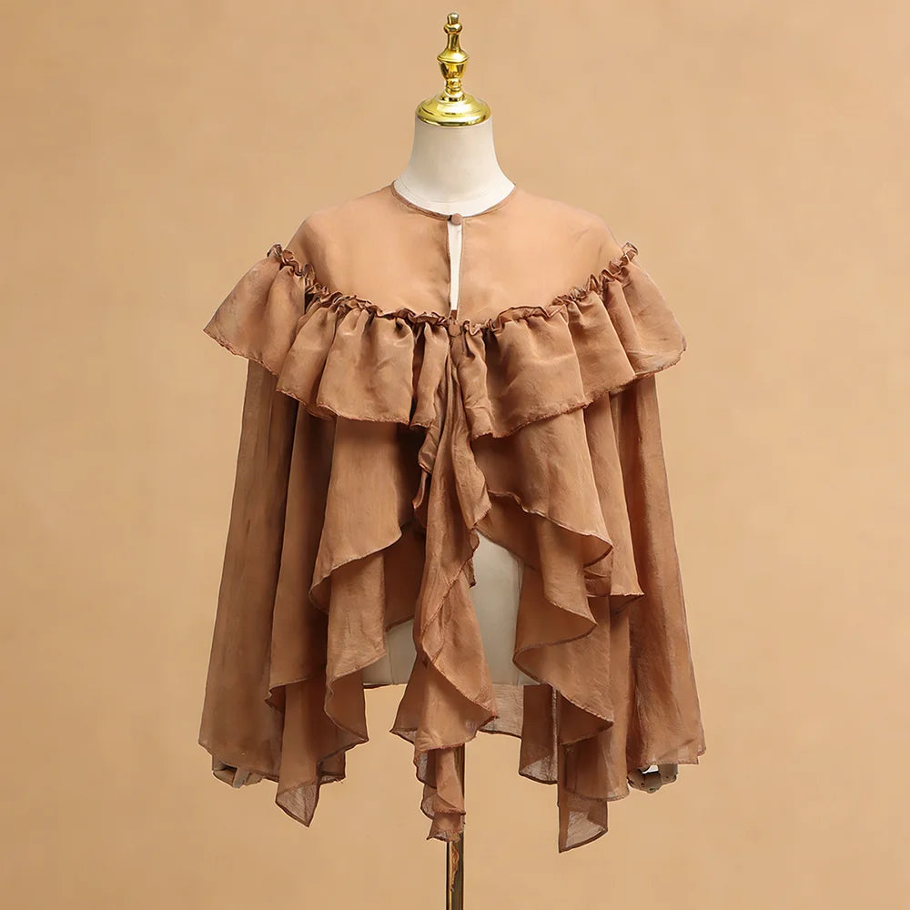 Gentle Fairy Style Loose Coffee Chiffon Blouse for Women Tiered Ruffle Accent Long Sleeve Pullover Design for Afternoon Tea