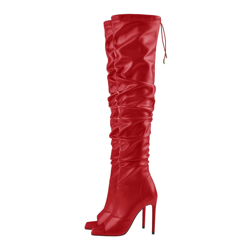 Onlymaker Women Peep Toe Black Matte Over The Knee Boots Concise Fashion Stiletto High Heel Zipper Boots