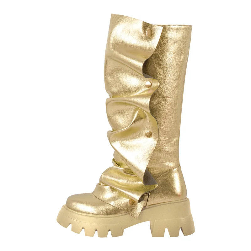 Onlymaker Women Platform Red Fold Over Boots Block Heel Round Toe Western Pull on Fashion Mid-Calf Female Boots