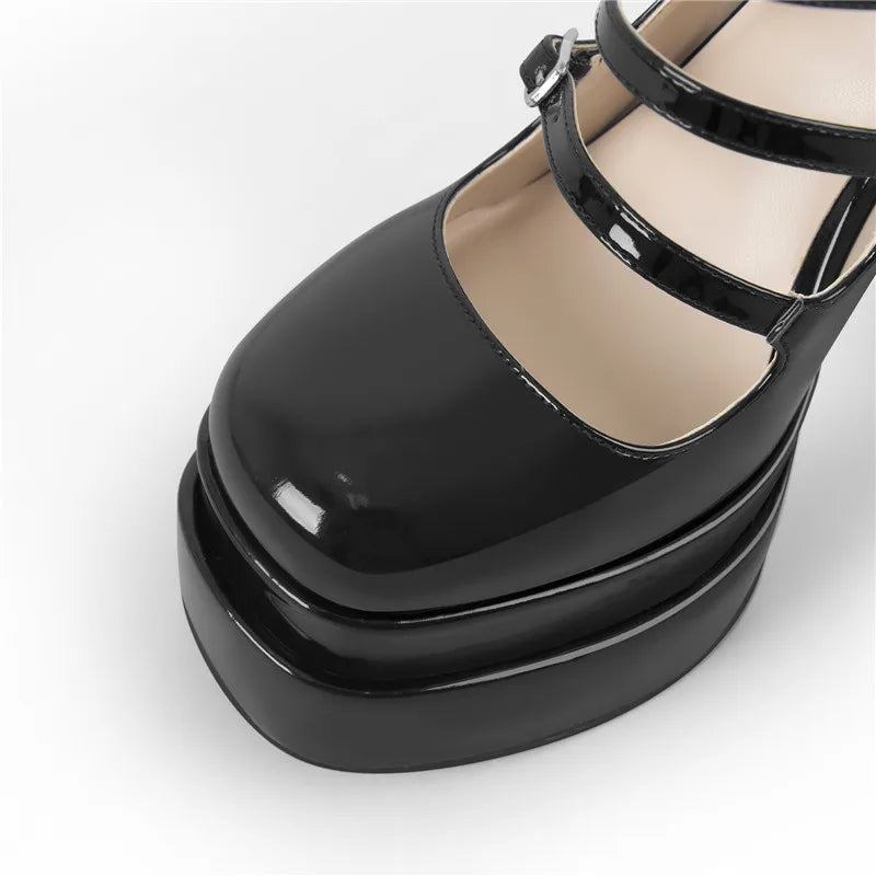 Women Buckle Strap Platform Pumps Black Patent Leather Cross-tied Square Toe Fashion Party Thick High Summer Heels