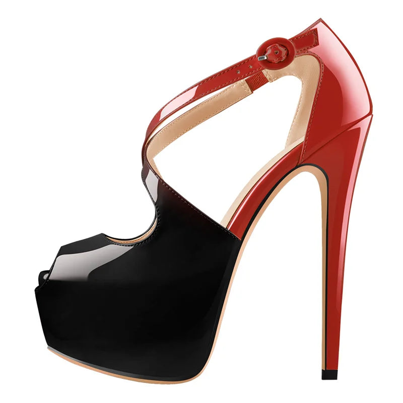 Women Peep Toe Platform Cross Strap Heels 16cm Thin High Heel Sexy Wedding Party Dress Stilettos Big Size Pumps