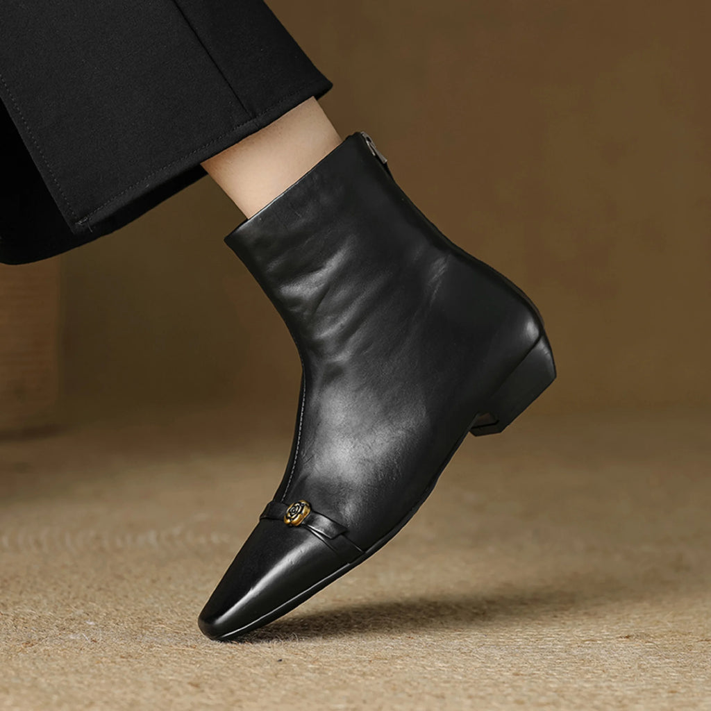 Handmade Genuine Leather Elegant Square Toe Women's Boots Autumn Winter Wide Calf Mid Heel Style Boots 33-42