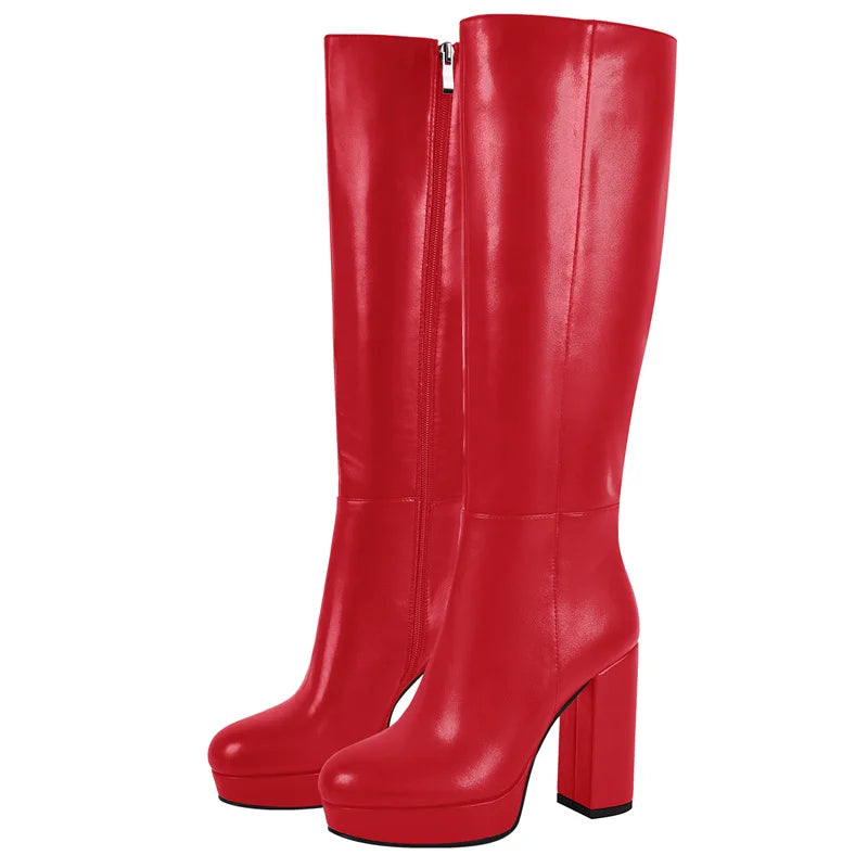 Onlymaker Women Round Toe Platform Knee High Boots Chunky Heel Boots With Side Zipper Concise Tall Modern Boots
