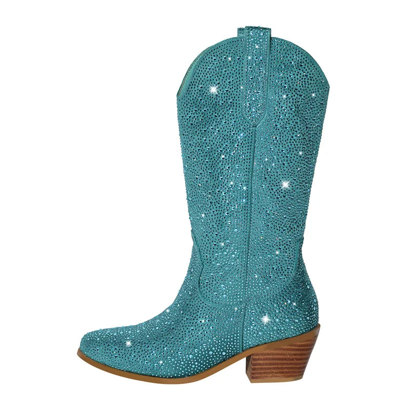 Onlymaker Women Side Zipper Knee High Boots Rhinestone Booties Glitter Bling Shiny Western Pointed Toe Block Heel  Cowgirl Boot