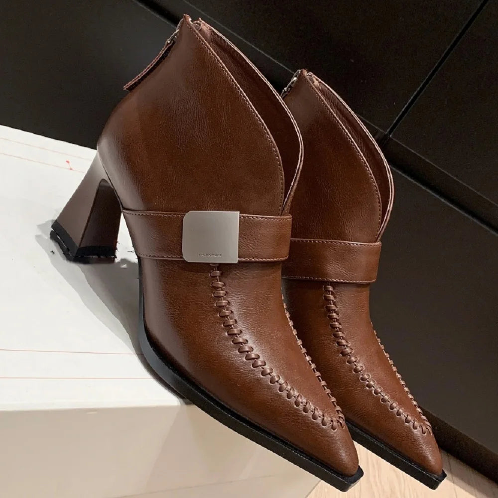 New Handmade Genuine Leather Soft and comfortable Pointed Toe Boots Chunky High Heels Shoes Ankle Boots 33-40