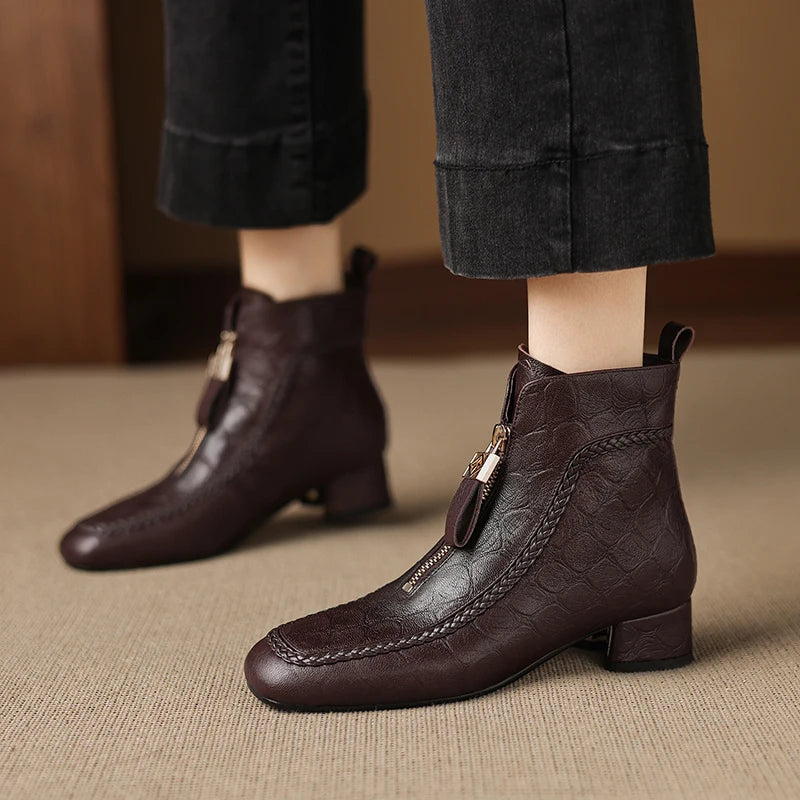 New Women Handmade Genuine Leather Soft and comfortable Square Toe Chunky Heel Shoes Modern Ankle Boots