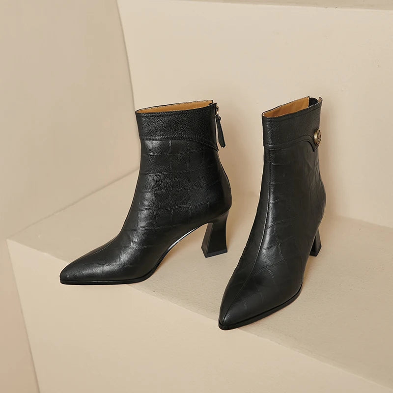 Women Handmade Genuine Leather Soft and comfortable Pointed Toe Chunky Heel Boots 34-40