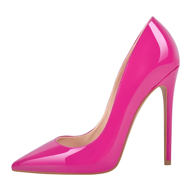 Women Pumps Pointed Toe 12CM Thin Heels Patent Leather Magenta Lady Shoes Big Size Shoes