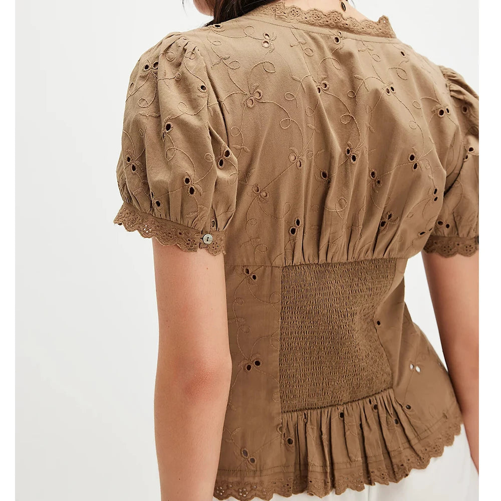 Women Summer Puff Short Sleeve Embroidered Eyelet Peplum Blouse Button Up Smocked Babydoll Crop Tops Going Out Shirts Streetwear