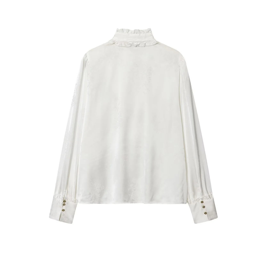 2025 Autumn New Women's Clothing French Style Mushroom Edge Standing Collar Long Sleeve Shirt