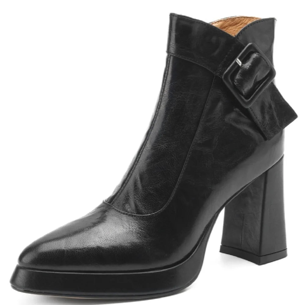Women Handmade Brand Genuine Leather Ankle Boots Chunky Block High Heels Buckle Pointed Toe Shoes