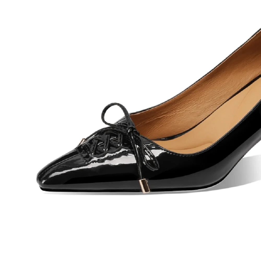 Lace Up Genuine Leather Pumps Slip On Shallow Stiletto Thin High Heel Runway Dress Pointy Toe Dress Shoes 33-43