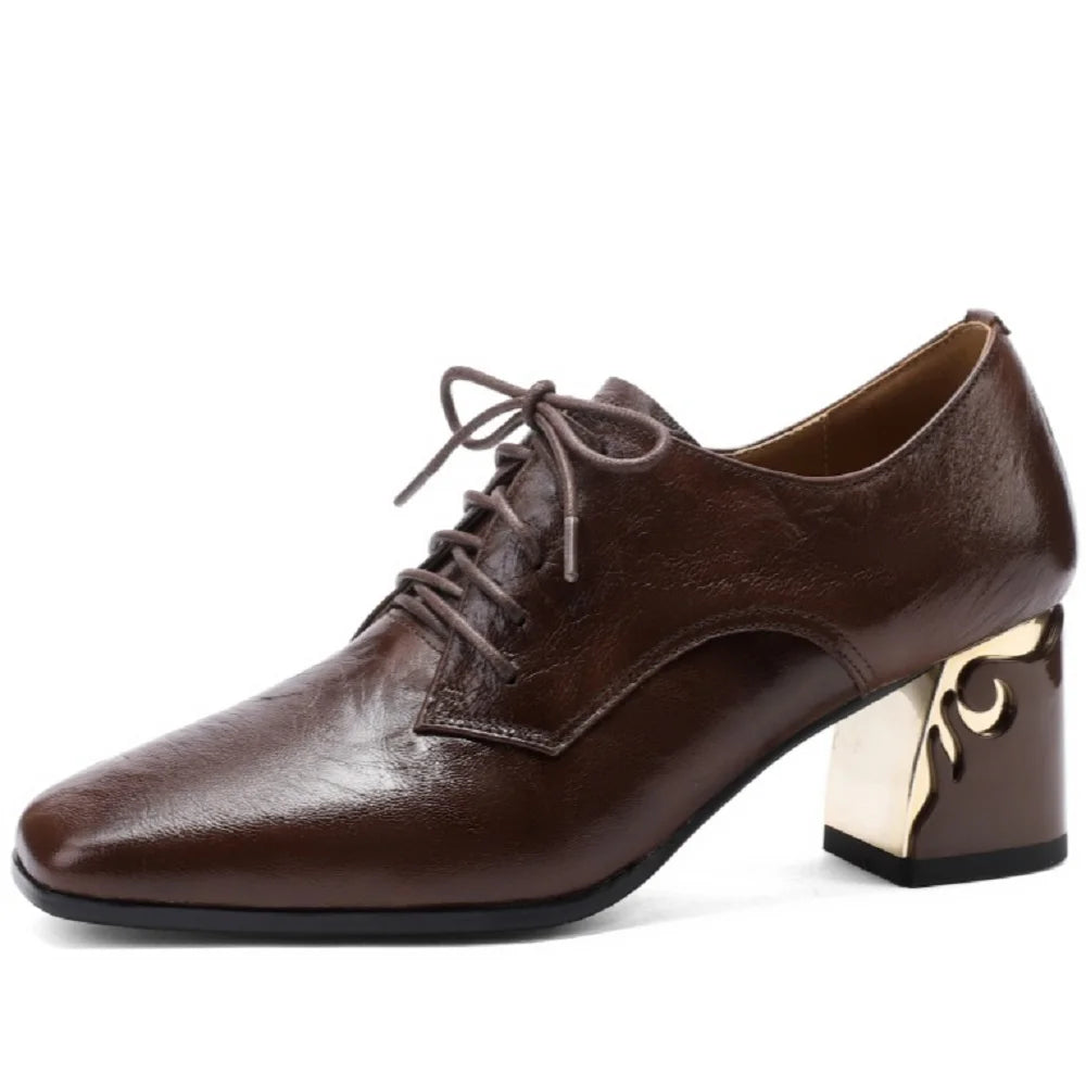 New Handmade Brand Genuine Leather Women Shoes Square Toe Shoes Chunky Mid Heel Shoes Zapatos Mujer 34-43