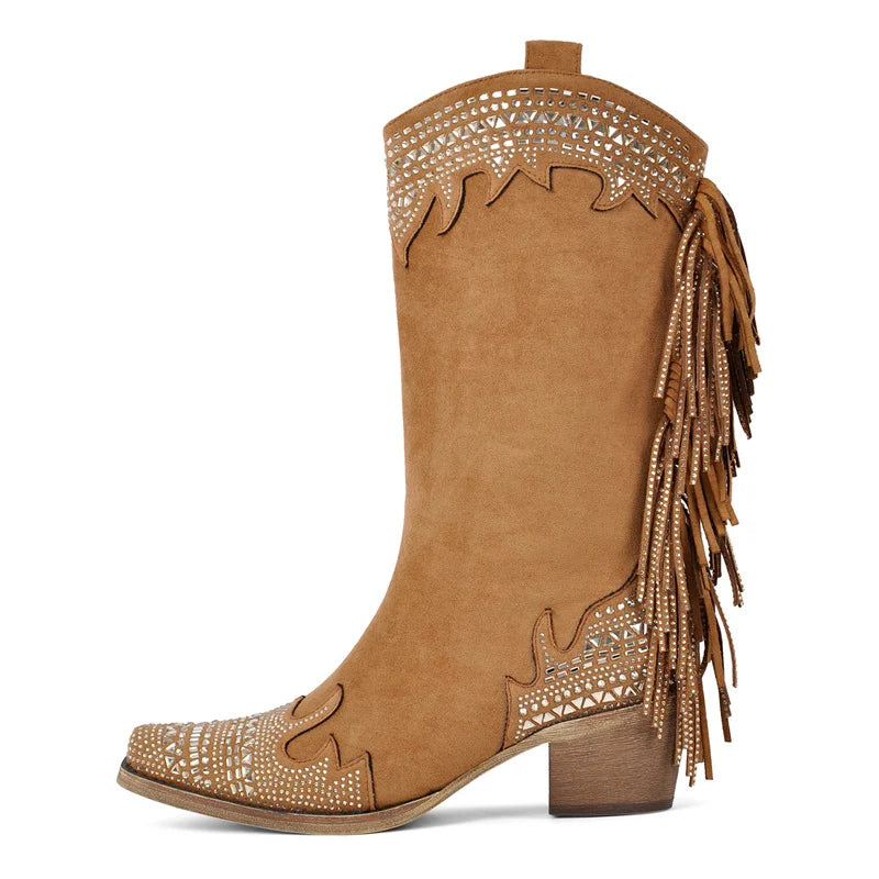 Women Pointed Toe Fringe Side Zipper Retro Western Cowgirl Boots Fringed Chunky Heel Embroidery Cowboy Boots