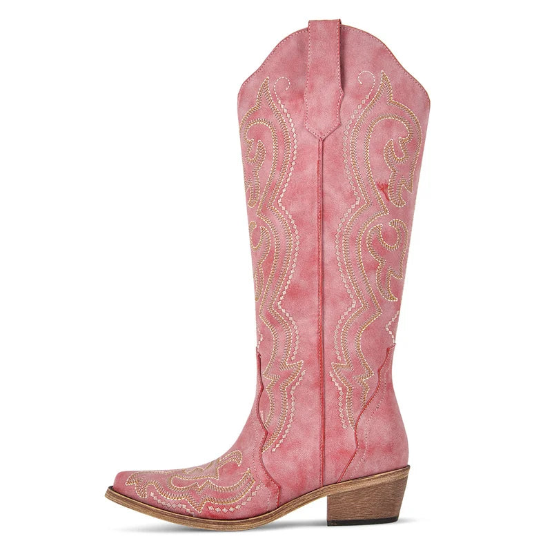 Onlymaker Women Pointed Toe Side Zipper Knee High Embroidery Western Cowgirl Boots Chunky Heel Embroidery Cowboy Boots