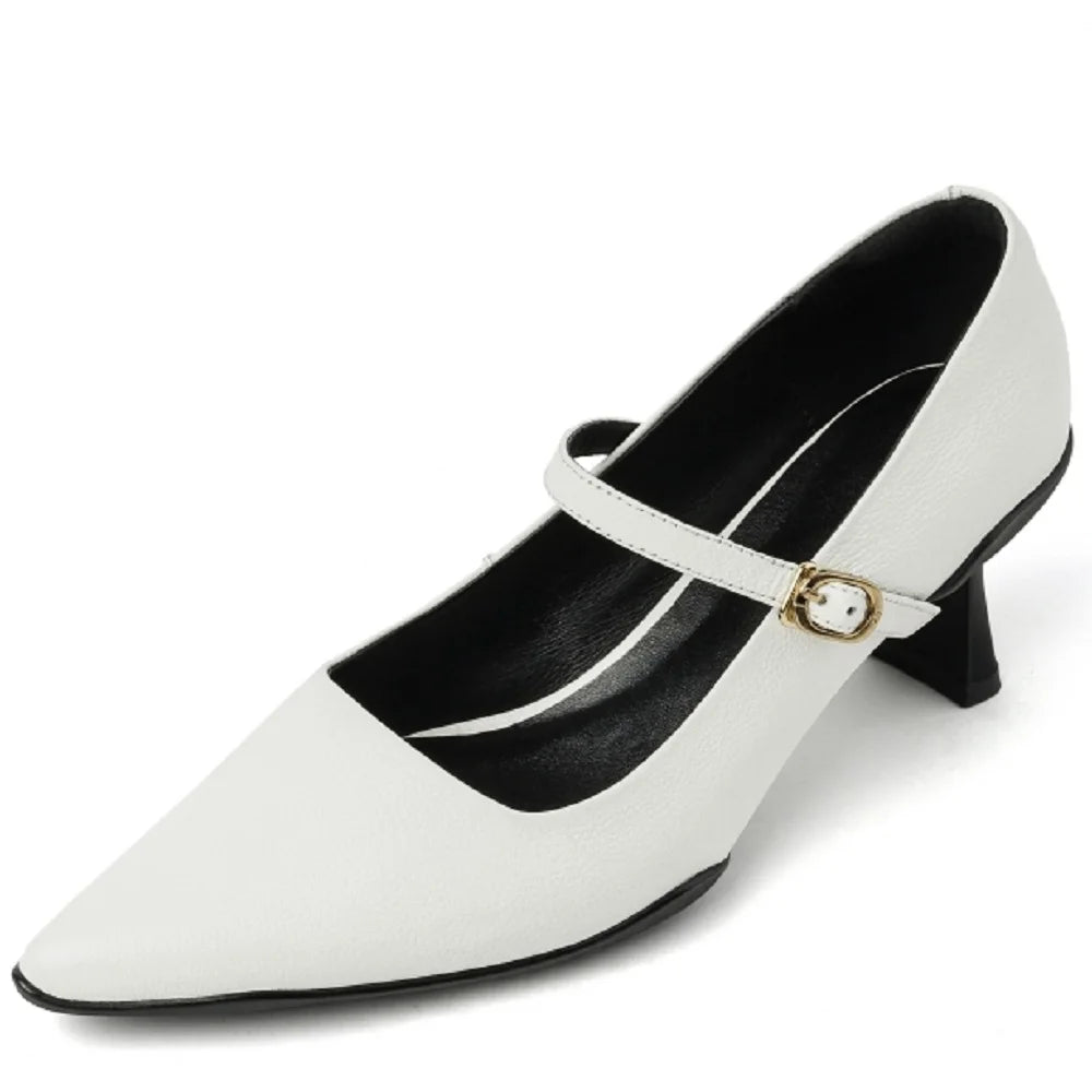 New Handmade Mid Heels Women Shoes Fashion Sexy Cow Leather Party Summer Pointed Toe Mary Jane Shoes Dress 34-40