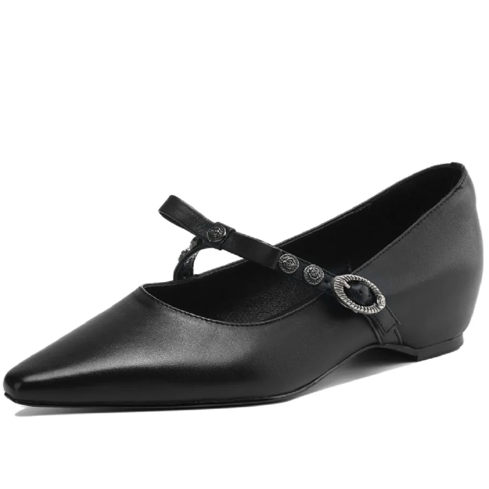 Handmade Genuine leather metal buckle sweet bowtie Mary Jane elegant ladies 3.5cm wedge med heeled shoes 34-41