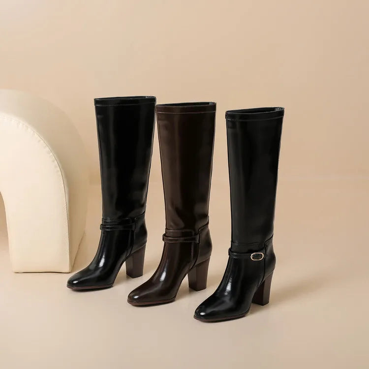 Women's Coarse High Heels Knee Length Women's Boots Round Head Fashion Women's Leather Boots 34-46 Large Medium Top Boots