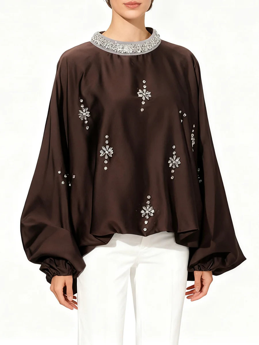 Elegant Retro Loose Blouses for Women Stand Collar Batwing Sleeve Patchwork Diamonds Chic Blouse Female Autumn Clothing New