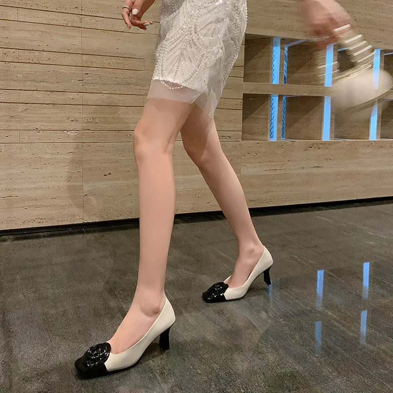 Genuine Leather Pumps Women Square Toe Flower Decoration Shallow Thick High Heels Office Ladies Party Dating Shoes