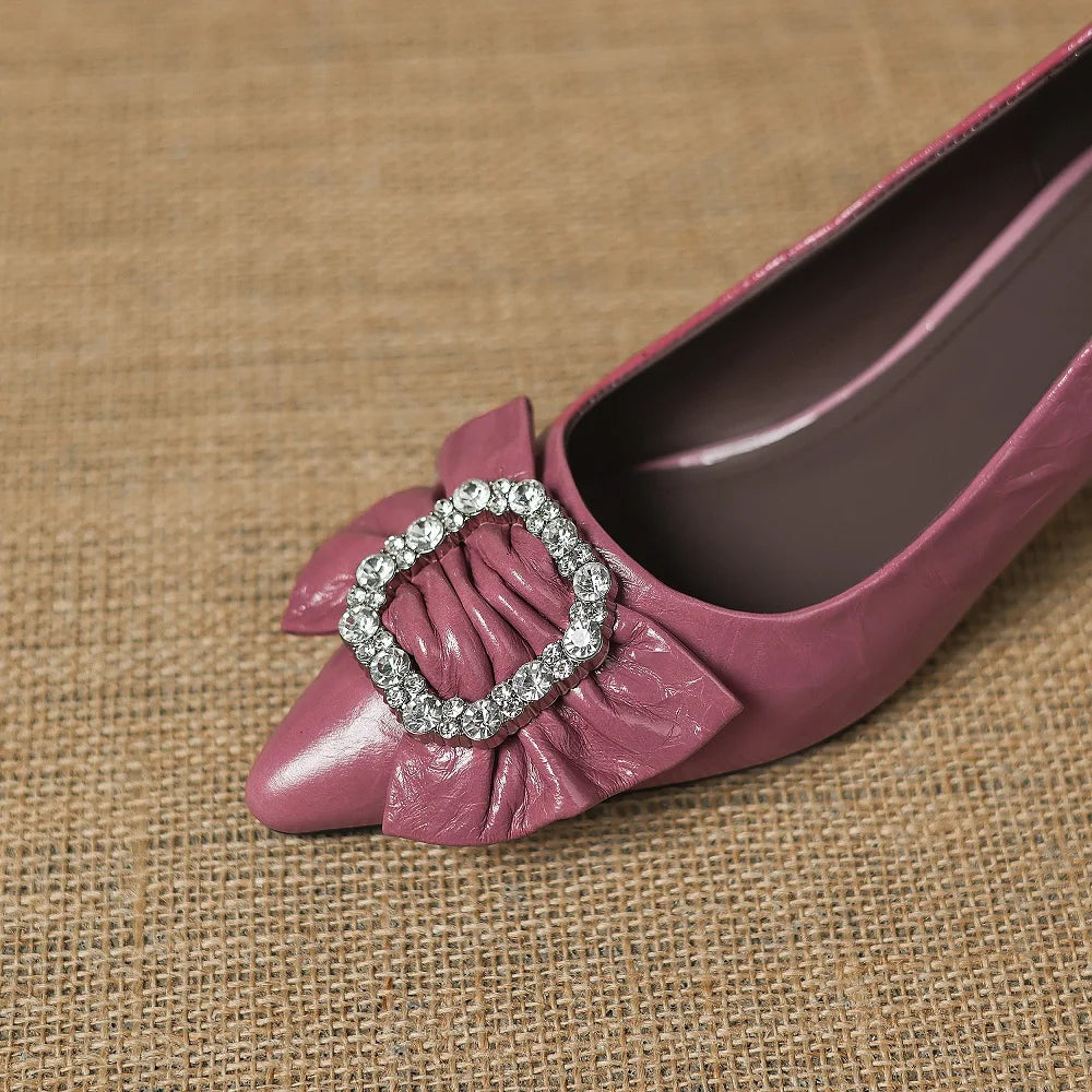 NEW Spring/Autumn Women Handmade Genuine Leather Women Pointed Toe Mid Heel Sweet Bow-knot Shallow Shoes 33-40