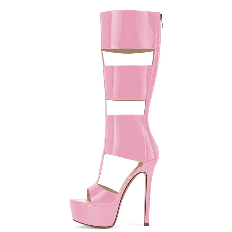 Onlymaker Women Platform Patent Leather Zipper Knee High Boots Sexy Thin High Heel Hollow Gladiator Cutout  Boots Sandals