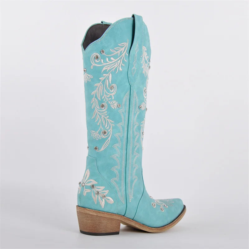 Onlymaker Women Pointed Toe Pull On Western Cowgirl Boots Fringed Chunky Heel Embroidery Cowboy Boots