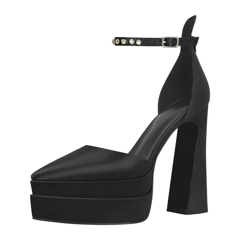 Women Platform Pumps Mary-Jane  Black Pink Chunky High Heels Ankle Strap Dress Party Hoof Heel Big Size Heels