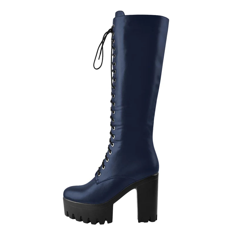 Onlymaker Women  Platform Black Matte Front Lace-Up Side Zip Knee High Boots Big Size Lady Fashion Classic Long Boots