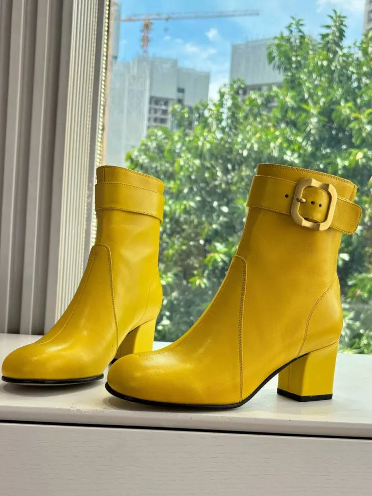 Women's New Thick High Heels Knee High Boots Autumn and Winter Round Toe Buckle Fashionable Mid Heel Boots Women's Short Boots