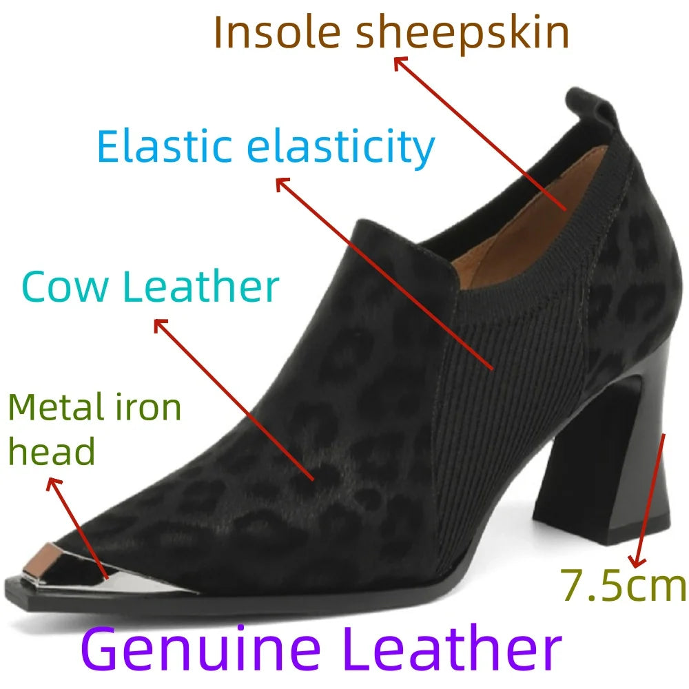 Handmade Brand Genuine Leather New Women Metal iron head Pointed Toe Thin Heel Modern Shoes