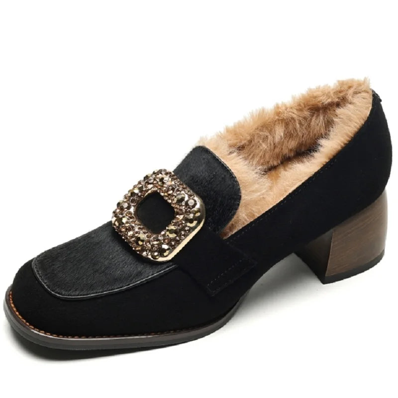 Square Crystal Buckle Women Casual Shoes Round Toe Low Heel Suede Leather Fashion and Comfort Loafers Warm Plush in