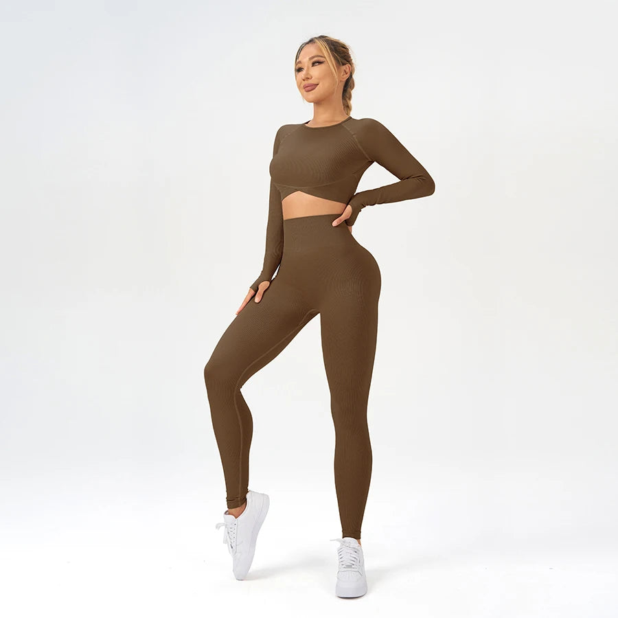 2 pcs/set Long Sleeve Yoga Leggings Set Sportswear Woman Gym Seamless Workout Outfit Yoga Clothes Womens Tracksuit Activewear