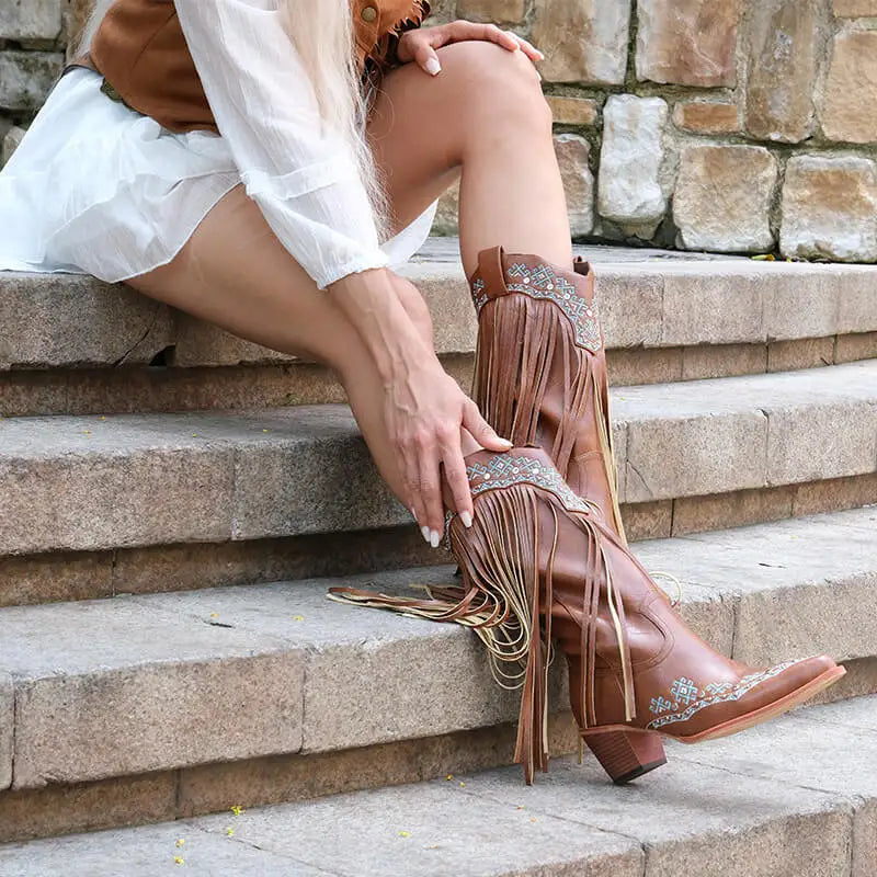 Onlymaker Women Pointed Toe Embroidery Fringe Pull On Retro Western Cowgirl Boots Fringed Chunky Heel Cowboy Boots