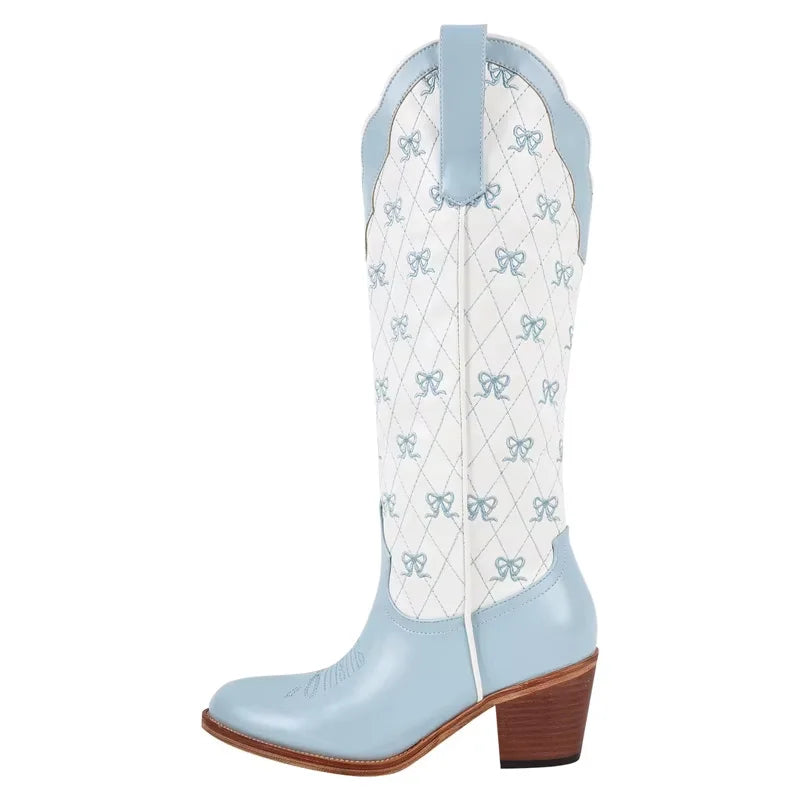 Onlymaker Women White  Pull-on Knee High Cowgirl Boots with Bow  Big Size Comfy Women Cowboy Boots