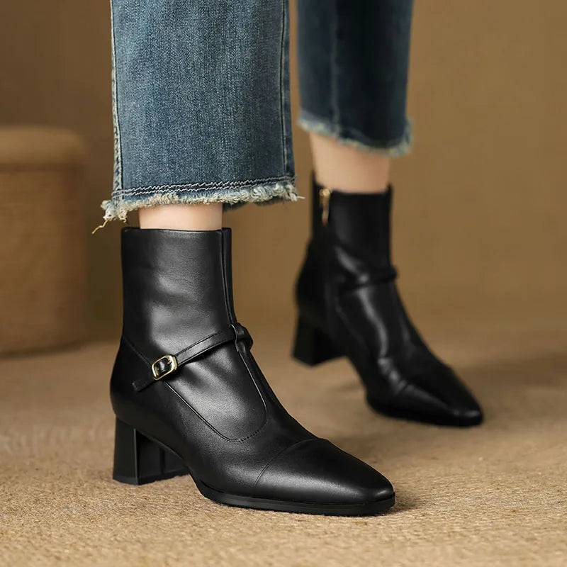 Women Handmade Genuine Leather Soft and comfortable Mid heel Ankle Boots Thick Square toe Cowboy Shoes 34-42