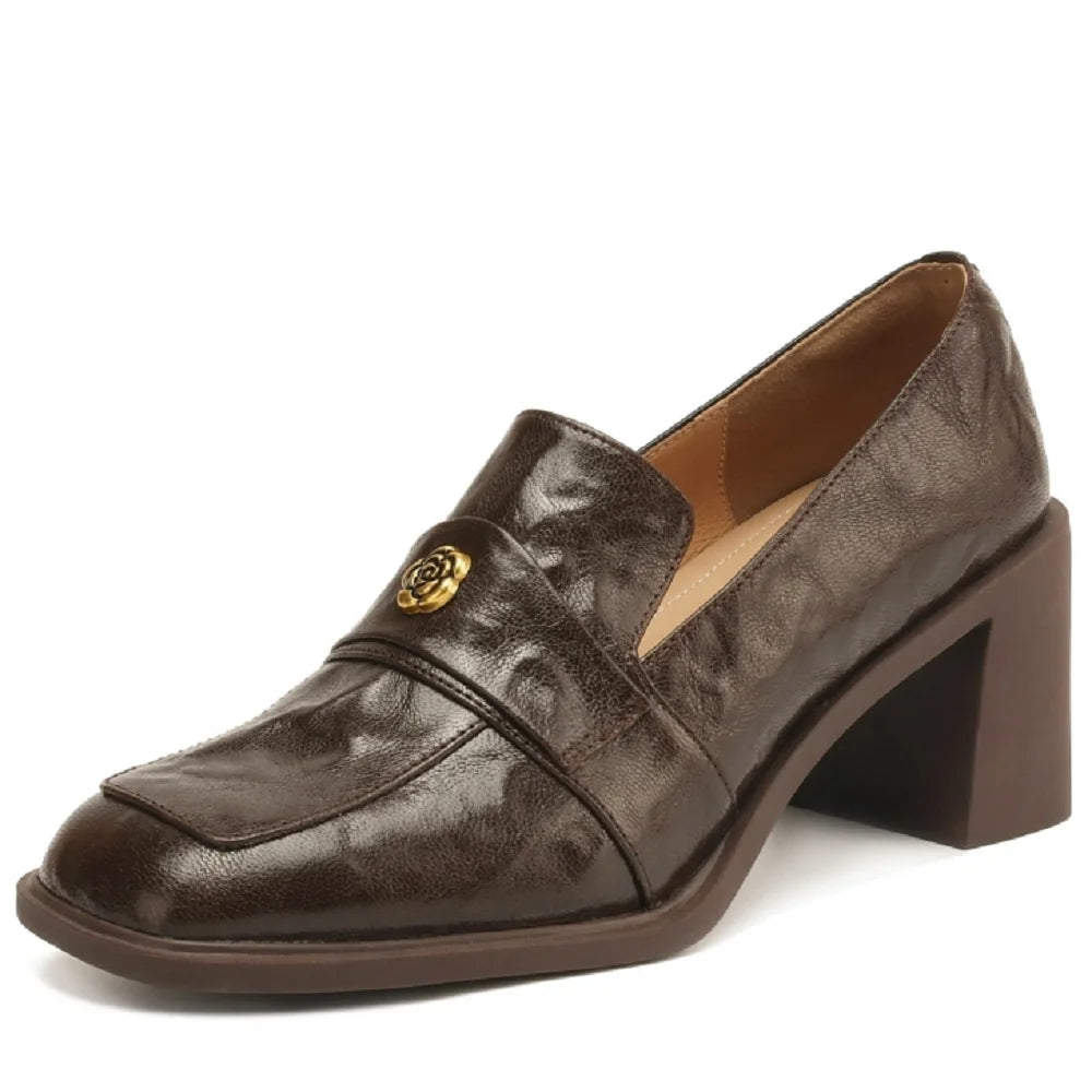 new women's Handmade genuine leather square toe style elegant ladies high heeled dress shoes 34-40